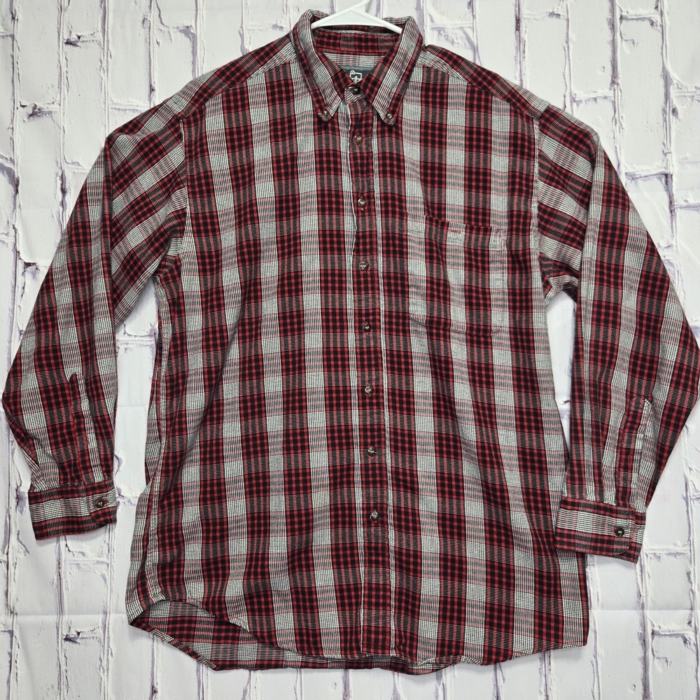 Vintage Woolrich Plaid Cotton Red Black White Flannel Shirt Men's Large Button
